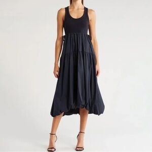 cinq a sept Navy Black Ribbed Tank Tiered Midi Dress